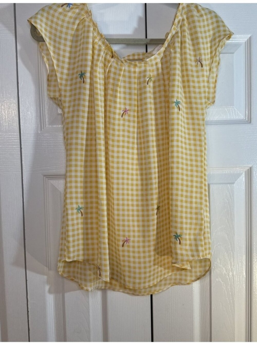 Sheer Yellow Plaid Palm Tree  Embroidered Blouse‎ Size Medium